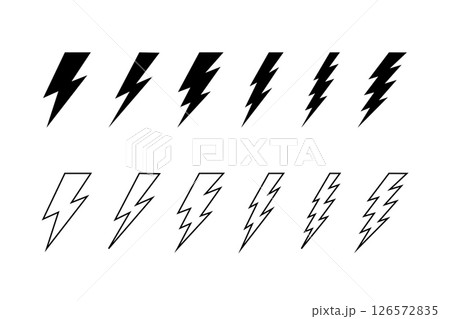 Collection of bolt icons. Thunderbolt silhouettes isolated on white background. Flash light, energy, power or electricity symbols. Blitz, glow, burst or dazzle signs. Vector graphic illustration 126572835