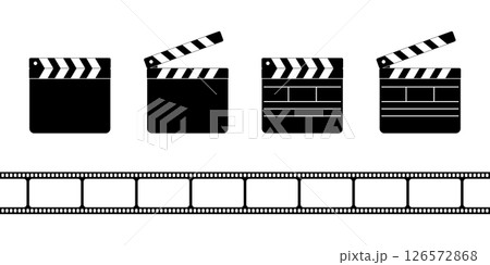 Clapper board icons and film strip isolated on white background. Closed and open movie clapboard silhouettes. Camera and action concept. Cinema production objects. Vector graphic illustration 126572868