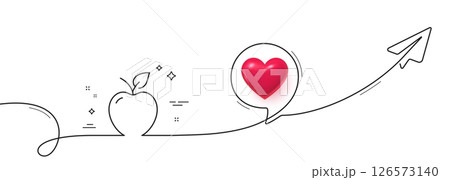 Apple line icon. Continuous line with share plane. Fruit food sign. Diet nutrition symbol. 3d heart in speech bubble. Apple single line ribbon. Loop curve pattern. Vector Apple line icon. Continuous line with share plane. Fruit food sign. Diet nutrition symbol. 3d heart in speech bubble. Apple single line ribbon. Loop curve pattern. Vector 126573140