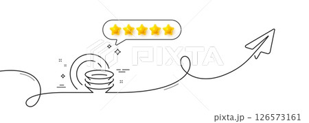 Dishes line icon. Continuous line with share plane. Tableware plates sign. Food kitchenware symbol. Five star rate review in speech bubble. Dishes single line ribbon. Loop curve pattern. Vector 126573161