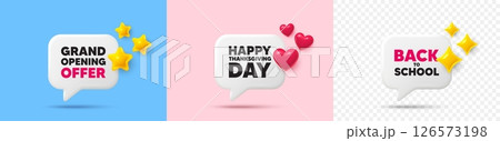 Happy thanksgiving chat speech bubble. 3d stars, sparkles, hearts chat bubbles. Happy thanksgiving tag. Happy family holiday message. Autumn thank you day. Final sale, Back to school tag. Vector Happy thanksgiving chat speech bubble. 3d stars, sparkles, hearts chat bubbles. Happy thanksgiving tag. Happy family holiday message. Autumn thank you day. Final sale, Back to school tag. Vector 126573198