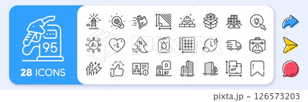 Energy inflation, Inventory and Buildings line icons. Interest rate, AI generate, Inflation icons. Pack of Skyscraper buildings, Petrol station, Diesel station icon. Vector 126573203