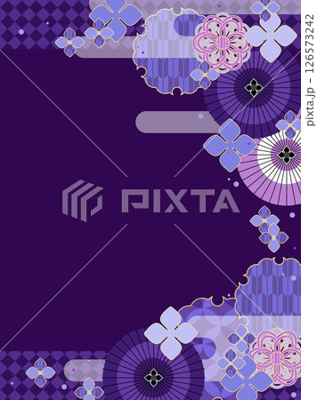アジサイと和傘の、梅雨イメージの和風背景 126573242