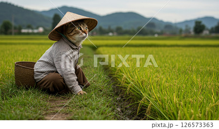 稲刈りをする猫 126573363