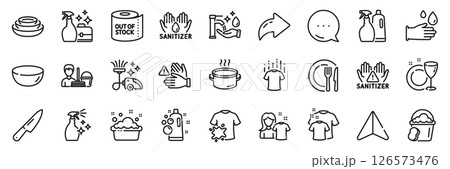 Sponge, Shampoo and spray and Toilet paper line icons pack. Share, Message, Paper plane icons. Clean shirt, Washing hands, Cleanser spray web icon. Vector 126573476