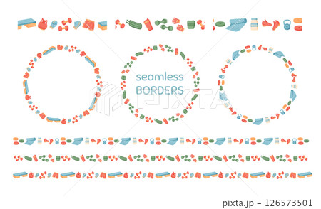 Colorful seamless sport equipment frame in flat style pattern. Gym and workout accessory border fits training and fitness themes. Ideal banner design or dynamic background. 126573501