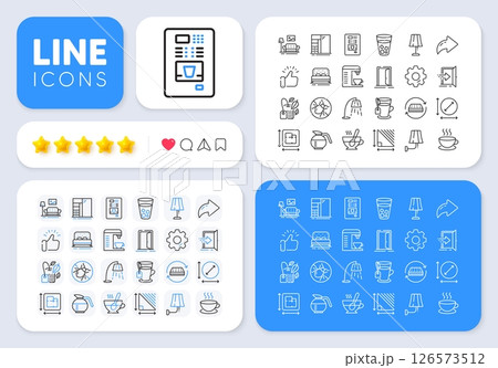 Cupboard, Table lamp and Circle area line icons for web app. Message, Share, Like social media icons. Pack of Coffeepot, Mattress, Open door pictogram icons. Triangle area, Ice tea, Tea signs. Vector 126573512