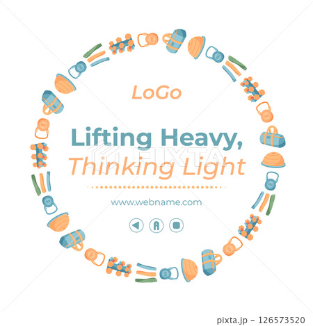 Colorful flat sport equipment banner design. Vibrant gym and workout tools placed in a circular frame. Perfect for training, fitness, and exercise concepts with a simple minimal background design. 126573520