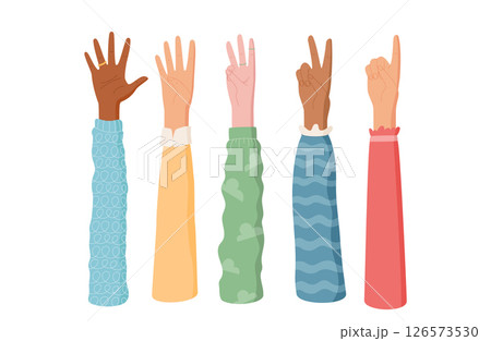 Hands count with fingers in cartoon graphic style set. Gestures display different numbers from one to five. People use these character icons for educational materials, with flat appearances, 126573530