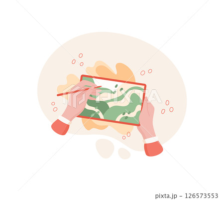 Hands hold a tablet while they draw simple art. A person uses a digital device for creating designs. This action illustrates creative concept, modern technology, and artistic expression. 126573553