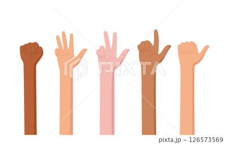 Finger count set in cartoon graphic style shows various numbers. Gesture and bare arm illustrations present different ways to count and are perfect for educational elements. Flat people style suits 126573569