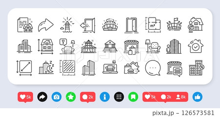 Delivery man, Lounge and Lease contract line icons pack. Social media: share, comment, like icons. Buildings, Food delivery, Arena web icon. Market, Square area, House dimension pictogram. Vector 126573581