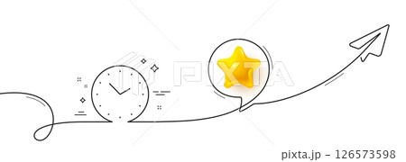 Time management line icon. Continuous line with share plane. Clock sign. Watch symbol. 3d star in speech bubble. Time single line ribbon. Loop curve pattern. Vector Time management line icon. Continuous line with share plane. Clock sign. Watch symbol. 3d star in speech bubble. Time single line ribbon. Loop curve pattern. Vector 126573598