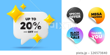 Discount tag speech bubble, sticker tags. Offer, Black friday stickers. Up to 20 percent off sale. Discount offer price sign. Special offer symbol. Save 20 percentages. Thank you tag. Vector Discount tag speech bubble, sticker tags. Offer, Black friday stickers. Up to 20 percent off sale. Discount offer price sign. Special offer symbol. Save 20 percentages. Thank you tag. Vector 126573640