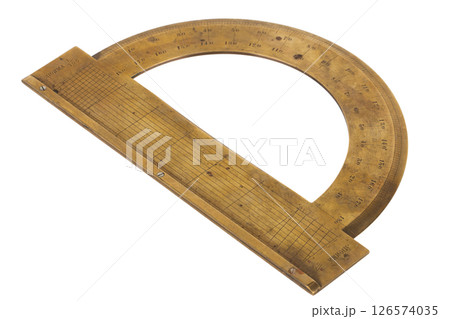 old retro circle brass protractor isolated on white 126574035