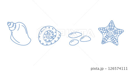 Marine elements doodle style set in blue la dolce vita. Italian style. Undersea world. Menu design of postcard and poster. Vector illustration. 126574111