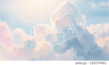 Painterly pastel sky with blue hues, fluffy clouds, hazy sun, and dreamy texture. 126574401