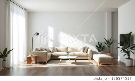 Low-key lighting, Scandinavian living room, deep shadows, soft light, spiritual calm. 126574517