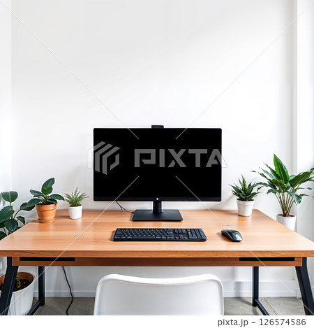Sharp Scandinavian desk photo, wide-angle, wood desk, monitor, plants, clean high-res style. 126574586