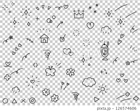 手書きの飾りイラストのベクターイラストセット。手描き、集中線、花、落書き、ハート 126574606