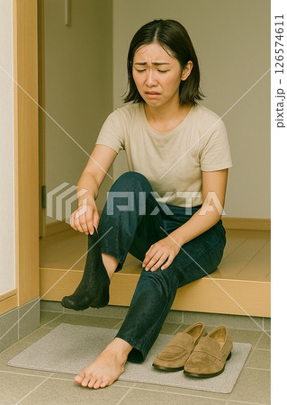 雨で濡れた靴と靴下に困る女性の玄関シーン 雨で濡れた靴と靴下に困る女性の玄関シーン 126574611