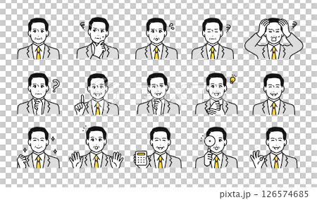 スーツ姿のシニア男性の表情アイコンセット 126574685
