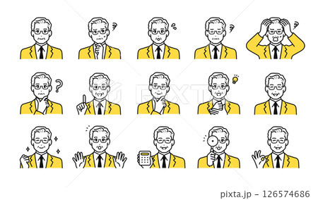 シニア世代の男性経営者の表情アイコンセット シニア世代の男性経営者の表情アイコンセット 126574686