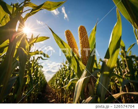 夕日に映えるトウモロコシ畑 126574704