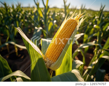 夕日に映えるトウモロコシ畑 126574707