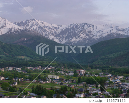 早朝の白馬岳と新緑の白馬村　長野県白馬村（ドローンによる空撮） 126575133