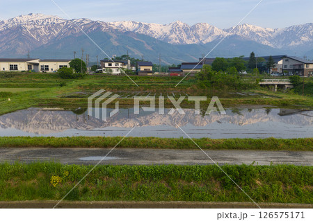 水田に映る残雪の白馬三山　長野県白馬村（ドローンによる空撮） 126575171