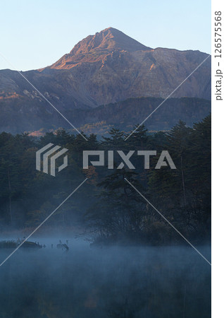 朝焼けに染まる磐梯山と朝靄に包まれる五色沼 126575568