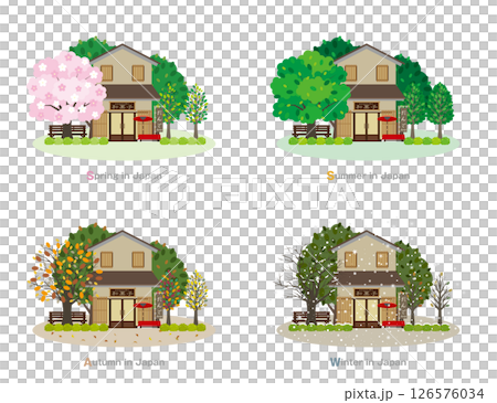 日本城市景觀的插圖。日本的四季。 126576034