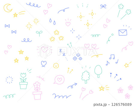 手書きの飾りイラストのベクターイラストセット。手描き、集中線、花、落書き、ハート、星 手書きの飾りイラストのベクターイラストセット。手描き、集中線、花、落書き、ハート、星 126576089