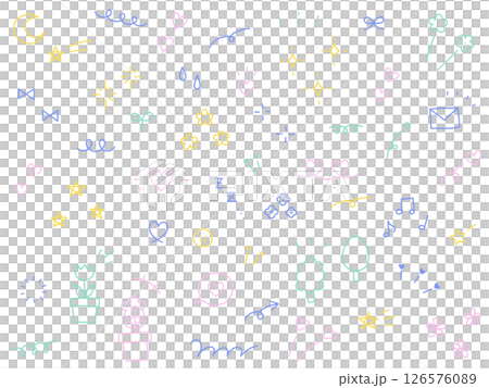 手書きの飾りイラストのベクターイラストセット。手描き、集中線、花、落書き、ハート、星 手書きの飾りイラストのベクターイラストセット。手描き、集中線、花、落書き、ハート、星 126576089