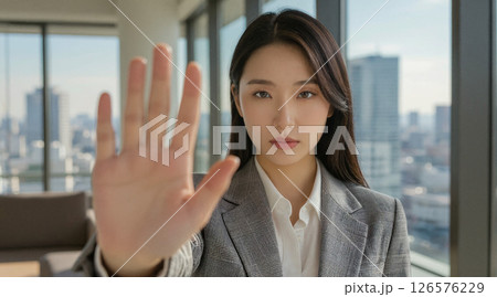 室内でストップジェスチャーをするスーツ姿の女性 室内でストップジェスチャーをするスーツ姿の女性 126576229