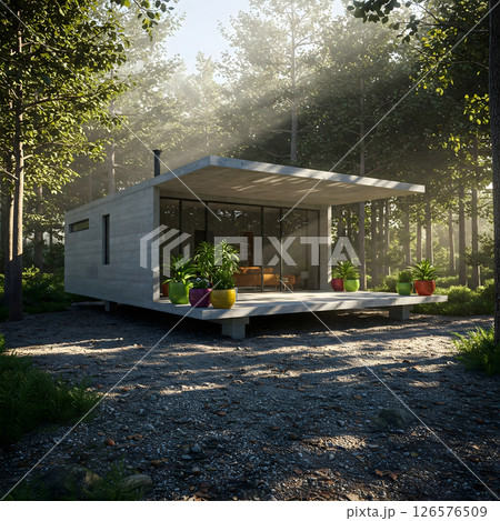 A modern concrete cabin with large windows sits nestled among trees in a sunlit forest, featuring a patio with potted plants 126576509