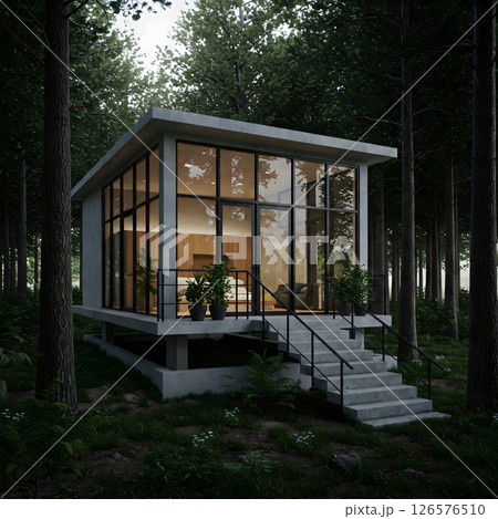 A modern concrete and glass cabin sits elevated among tall trees in a forest setting with concrete stairs 126576510