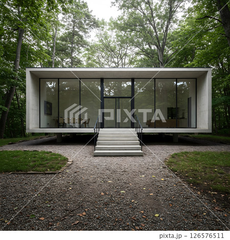Modern minimalist house with large glass windows, concrete structure, and elevated platform in a wooded area Modern minimalist house with large glass windows, concrete structure, and elevated platform in a wooded area 126576511