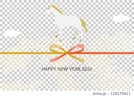 A simple New Year's card for the Year of the Horse 2026, with a Japanese pattern background of a white horse and mizuhiki A simple New Year's card for the Year of the Horse 2026, with a Japanese pattern background of a white horse and mizuhiki 126576621