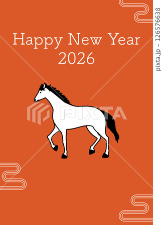 2026年午年のシンプルな年賀状、とぐろを巻いた馬とエ霞の和風背景 126576638