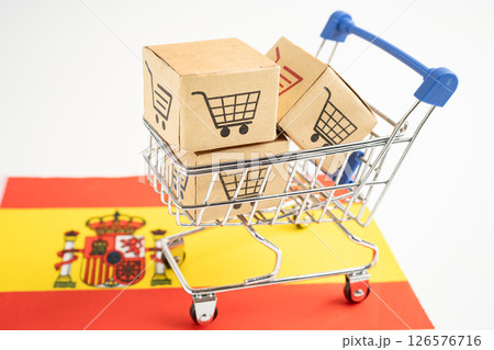 Box with shopping online cart logo and Spain flag, Import Export Shopping online or commerce finance delivery service store product shipping, trade, supplier. 126576716