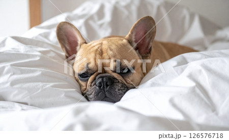 a small french bulldog snuggled up in big bed a small french bulldog snuggled up in big bed 126576718