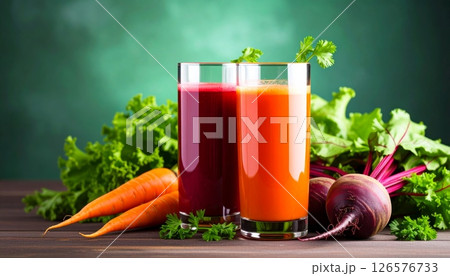 Fresh organic carrot and fruit juice in a glass, a healthy vegetarian breakfast drink 126576733
