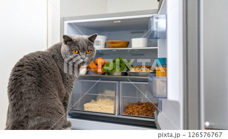 A healthy domestic cat watches from a window as an open, white kitchen fridge reveals fresh fruit and vegetables on an empty shelf 126576767