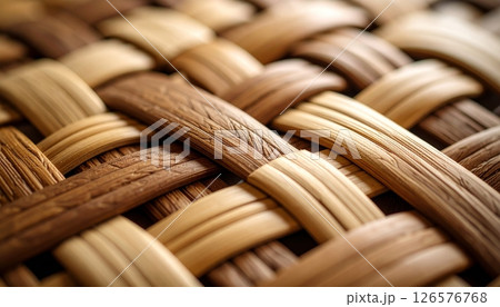 Natural bamboo and wicker weave texture creates a seamless brown pattern for floor or wall material 126576768