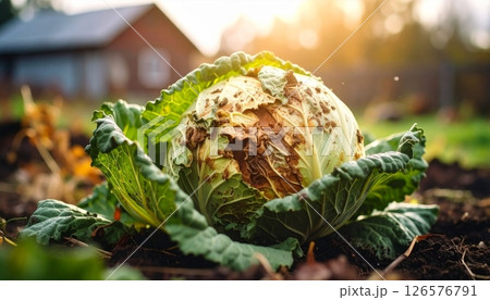 Fresh organic cabbage plants with healthy green leaves growing in the garden 126576791