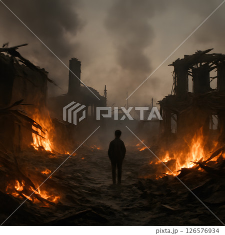 A lone silhouetted figure stands amidst the burning ruins of a destroyed urban street under a dark, smoky sky 126576934