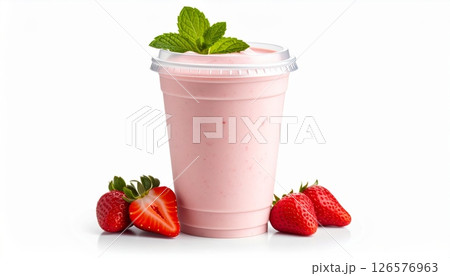 Fresh pink strawberry milkshakes and smoothies with mint, perfect cold summer fruit drinks 126576963