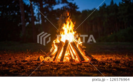 Warm bonfire flames burning bright at night in the dark forest 126576964